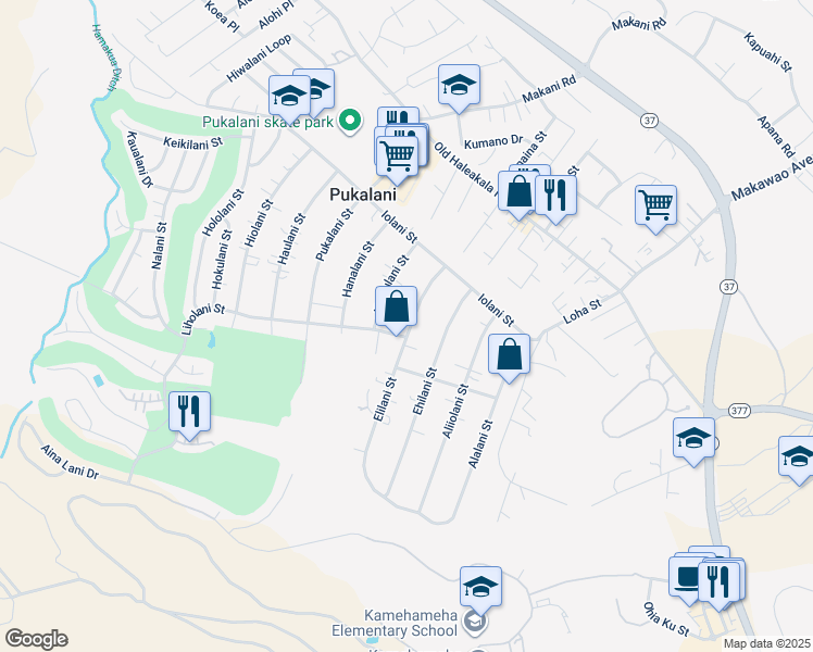 map of restaurants, bars, coffee shops, grocery stores, and more near 218 Elilani Street in Makawao