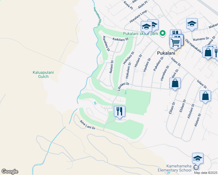 map of restaurants, bars, coffee shops, grocery stores, and more near 2790 Olulani Street in Makawao