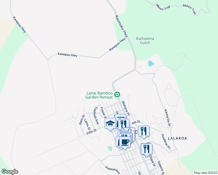 map of restaurants, bars, coffee shops, grocery stores, and more near 181 Lanai Avenue in Lanai City