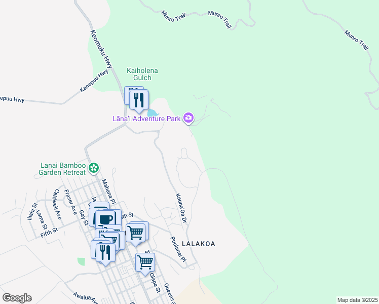map of restaurants, bars, coffee shops, grocery stores, and more near Kukui Road in Lanai City