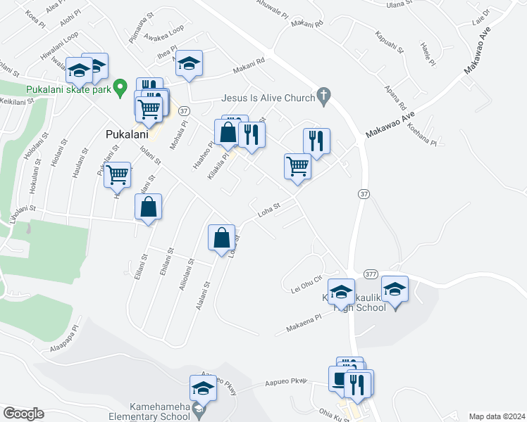 map of restaurants, bars, coffee shops, grocery stores, and more near 70 Loha Street in Makawao
