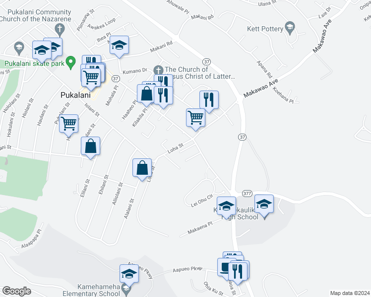map of restaurants, bars, coffee shops, grocery stores, and more near 27 Loha Street in Makawao