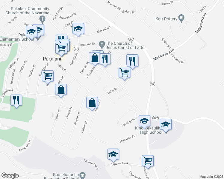 map of restaurants, bars, coffee shops, grocery stores, and more near 50 Loha Street in Makawao