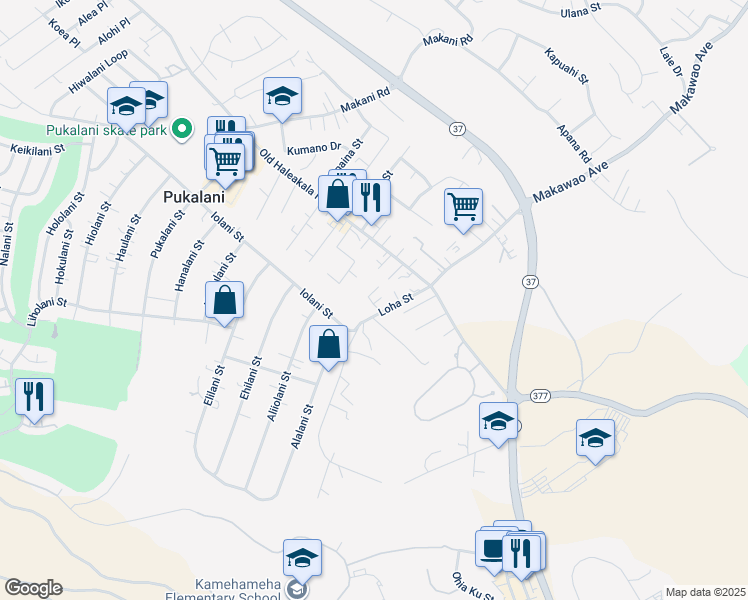 map of restaurants, bars, coffee shops, grocery stores, and more near 84 Loha Street in Makawao