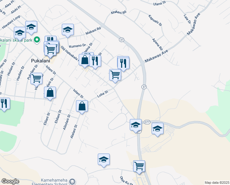 map of restaurants, bars, coffee shops, grocery stores, and more near 3494 Old Haleakala Highway in Makawao
