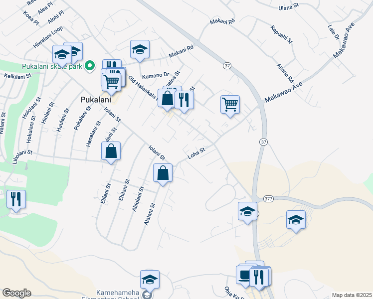 map of restaurants, bars, coffee shops, grocery stores, and more near 80 Loha Street in Makawao