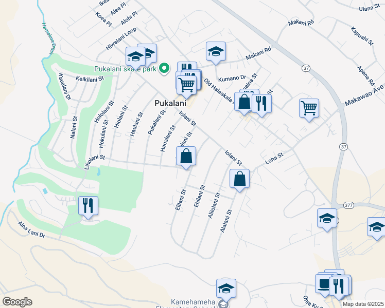 map of restaurants, bars, coffee shops, grocery stores, and more near 210 Elilani Street in Makawao