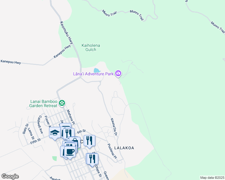 map of restaurants, bars, coffee shops, grocery stores, and more near Kukui Road in Lanai City