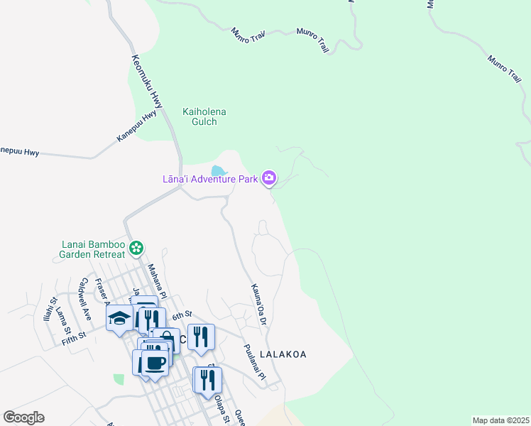 map of restaurants, bars, coffee shops, grocery stores, and more near Kukui Road in Lanai City