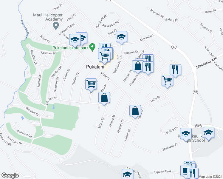 map of restaurants, bars, coffee shops, grocery stores, and more near 148 Elilani Street in Makawao