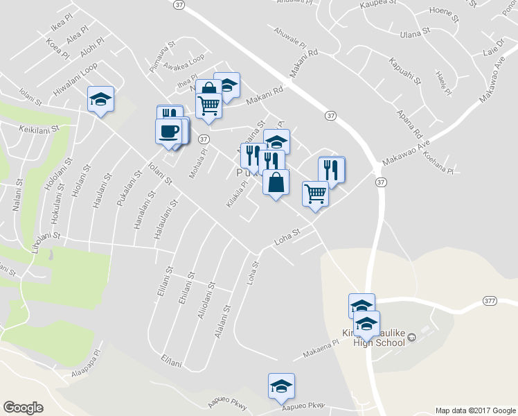 map of restaurants, bars, coffee shops, grocery stores, and more near 67 Healani Place in Makawao