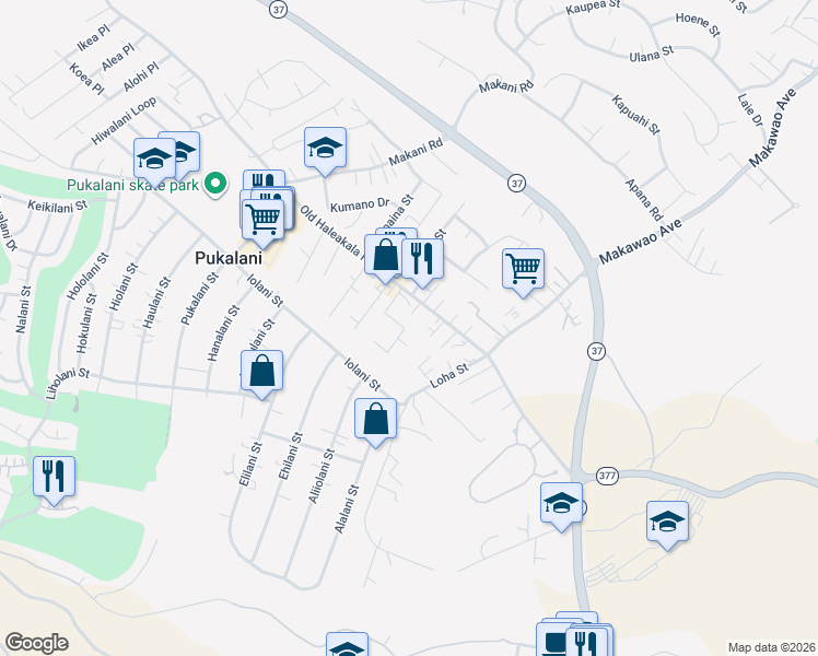 map of restaurants, bars, coffee shops, grocery stores, and more near 67 Healani Place in Makawao