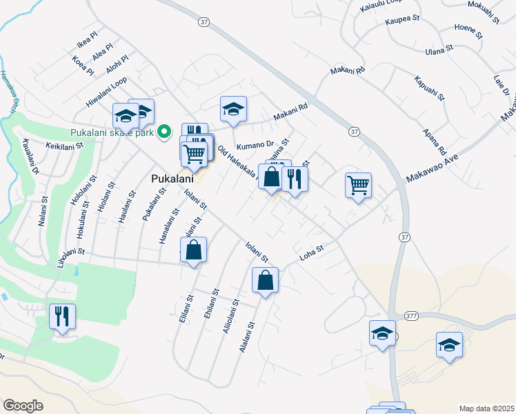 map of restaurants, bars, coffee shops, grocery stores, and more near 44 Kilakila Place in Makawao