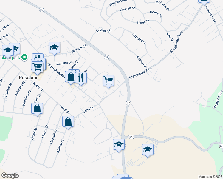 map of restaurants, bars, coffee shops, grocery stores, and more near 25 Nane Lane in Makawao