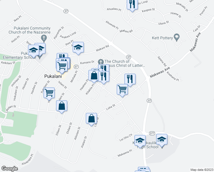map of restaurants, bars, coffee shops, grocery stores, and more near 18 Aewa Place in Makawao