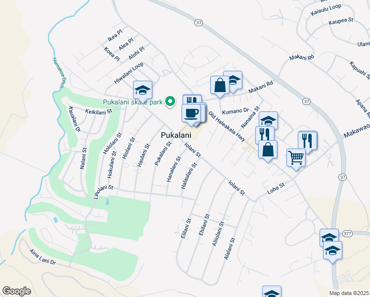 map of restaurants, bars, coffee shops, grocery stores, and more near 3086 Iolani Street in Makawao