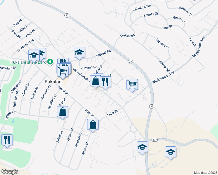 map of restaurants, bars, coffee shops, grocery stores, and more near 35 Aewa Place in Makawao