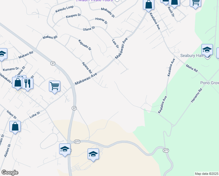 map of restaurants, bars, coffee shops, grocery stores, and more near 112 Koehana Place in Makawao