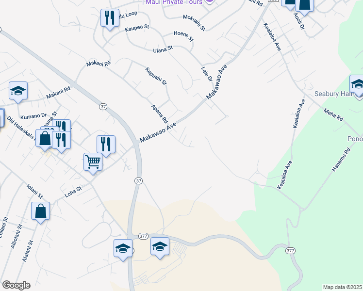 map of restaurants, bars, coffee shops, grocery stores, and more near 70 Koehana Place in Makawao