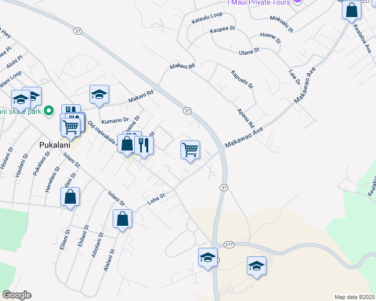 map of restaurants, bars, coffee shops, grocery stores, and more near 25 Nane Lane in Makawao