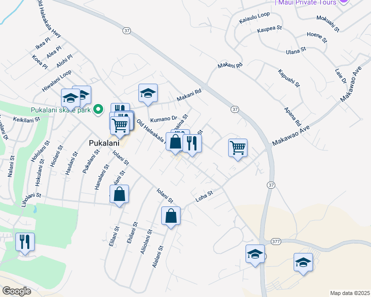 map of restaurants, bars, coffee shops, grocery stores, and more near 3309 Laulima Lane in Makawao
