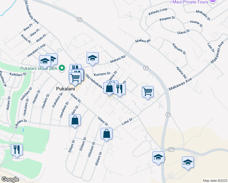 map of restaurants, bars, coffee shops, grocery stores, and more near Laulima Lane in Pukalani