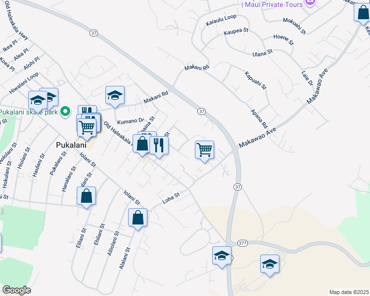 map of restaurants, bars, coffee shops, grocery stores, and more near 84 Maikailoa Street in Makawao