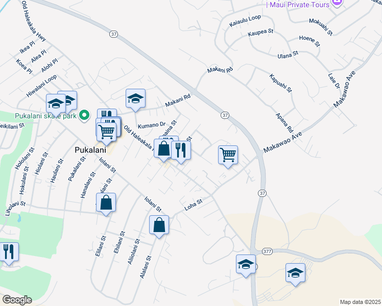map of restaurants, bars, coffee shops, grocery stores, and more near 22 Kino Street in Makawao