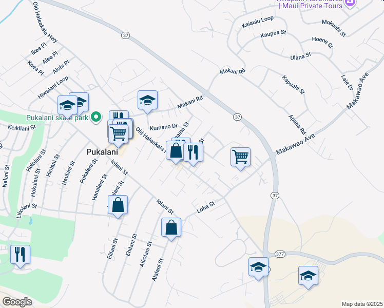 map of restaurants, bars, coffee shops, grocery stores, and more near Laulima Lane in Pukalani