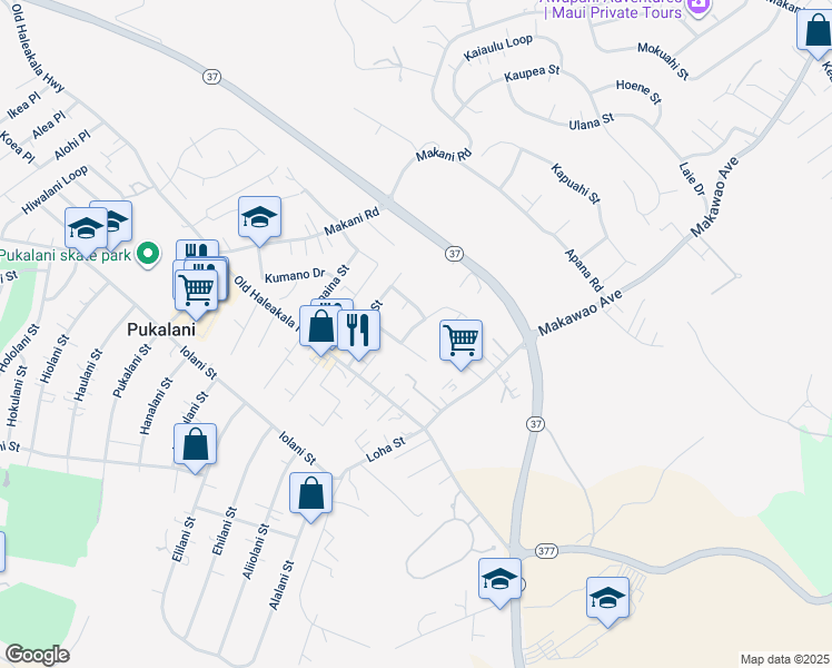 map of restaurants, bars, coffee shops, grocery stores, and more near 84 Maikailoa Street in Makawao
