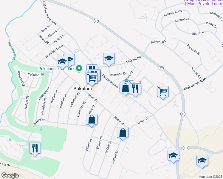 map of restaurants, bars, coffee shops, grocery stores, and more near 21 Ulunui Place in Makawao
