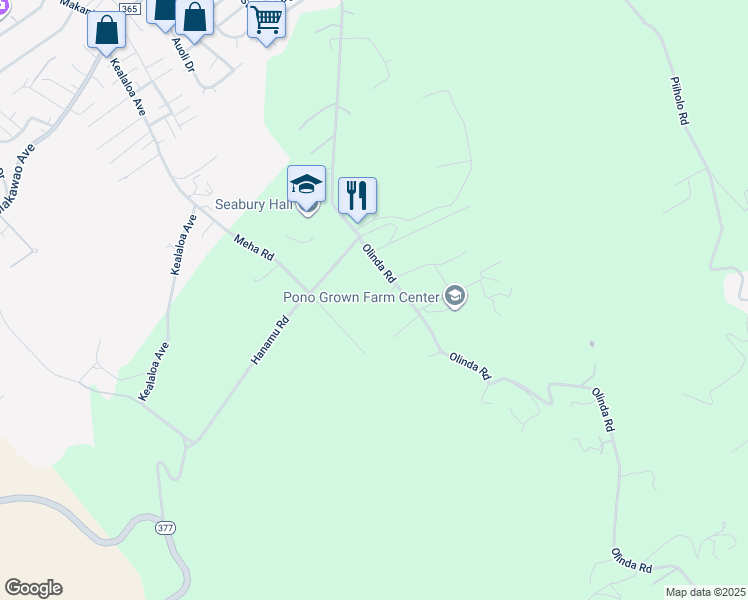 map of restaurants, bars, coffee shops, grocery stores, and more near 580 Olinda Road in Makawao