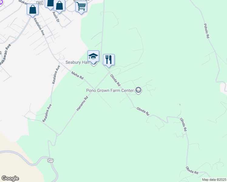 map of restaurants, bars, coffee shops, grocery stores, and more near 580 Olinda Road in Makawao