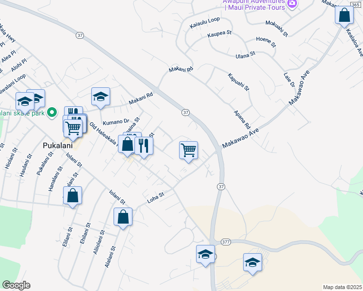 map of restaurants, bars, coffee shops, grocery stores, and more near 24 Lehopulu Way in Makawao