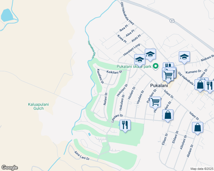 map of restaurants, bars, coffee shops, grocery stores, and more near 221 Kaualani Drive in Makawao