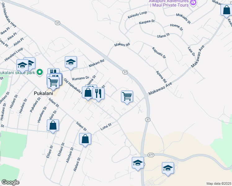 map of restaurants, bars, coffee shops, grocery stores, and more near 96 Maikailoa Street in Makawao