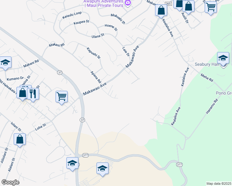 map of restaurants, bars, coffee shops, grocery stores, and more near 301 Olino Way in Makawao