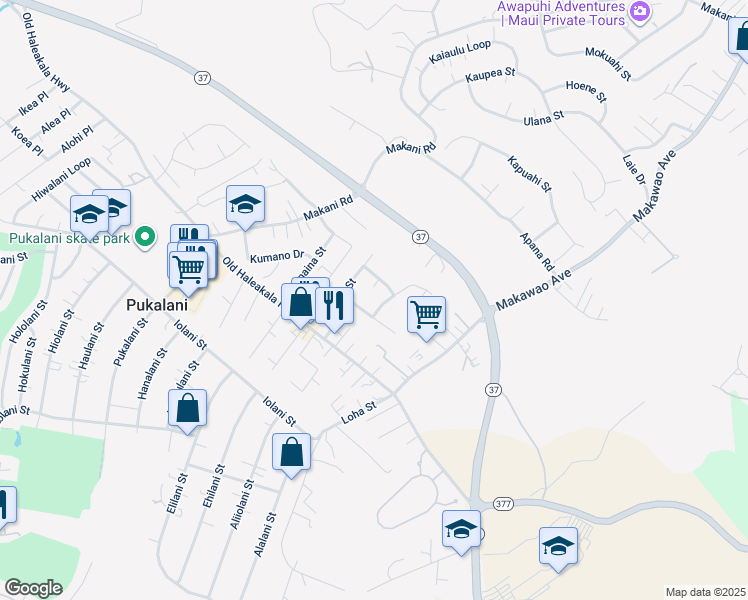 map of restaurants, bars, coffee shops, grocery stores, and more near 25 Lupea Street in Makawao