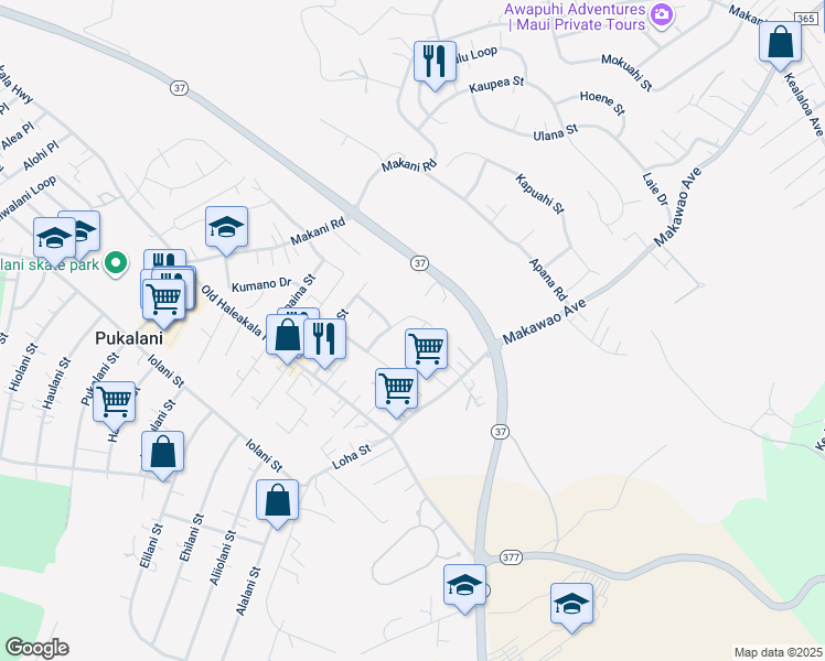 map of restaurants, bars, coffee shops, grocery stores, and more near 20 Lehopulu Way in Makawao