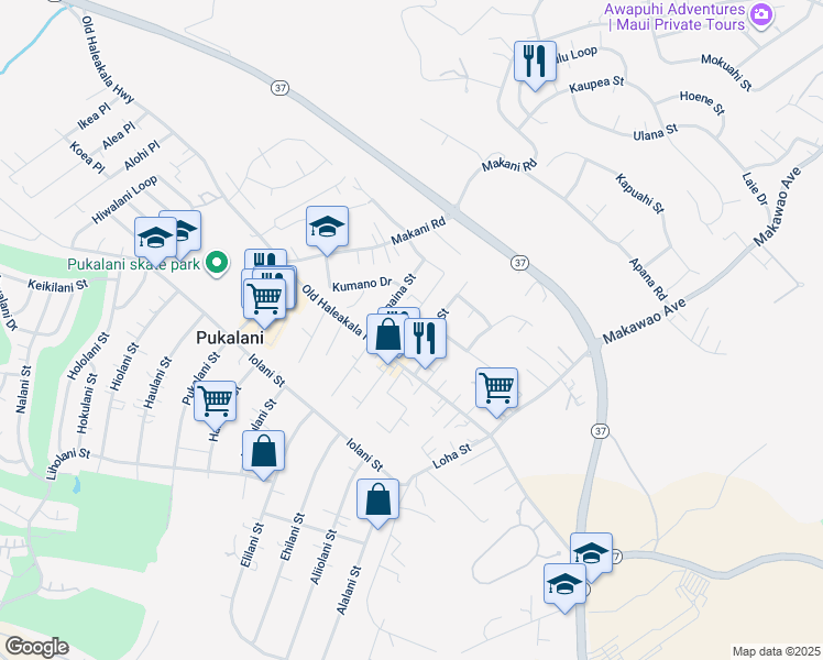 map of restaurants, bars, coffee shops, grocery stores, and more near 3381 Kihapai Place in Makawao