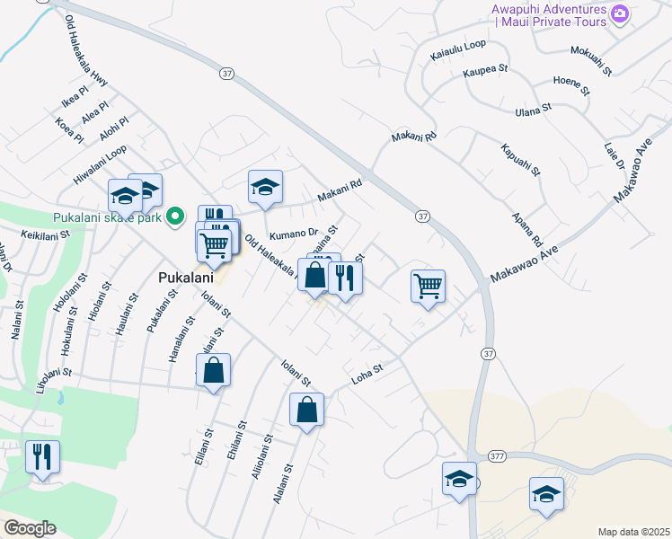 map of restaurants, bars, coffee shops, grocery stores, and more near 3381 Kihapai Place in Makawao