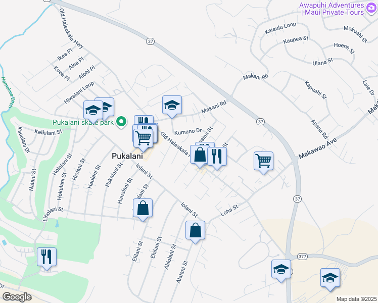 map of restaurants, bars, coffee shops, grocery stores, and more near 9 Nanaina Street in Makawao
