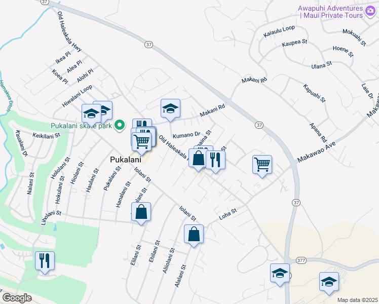 map of restaurants, bars, coffee shops, grocery stores, and more near 17 Nanaina Street in Makawao