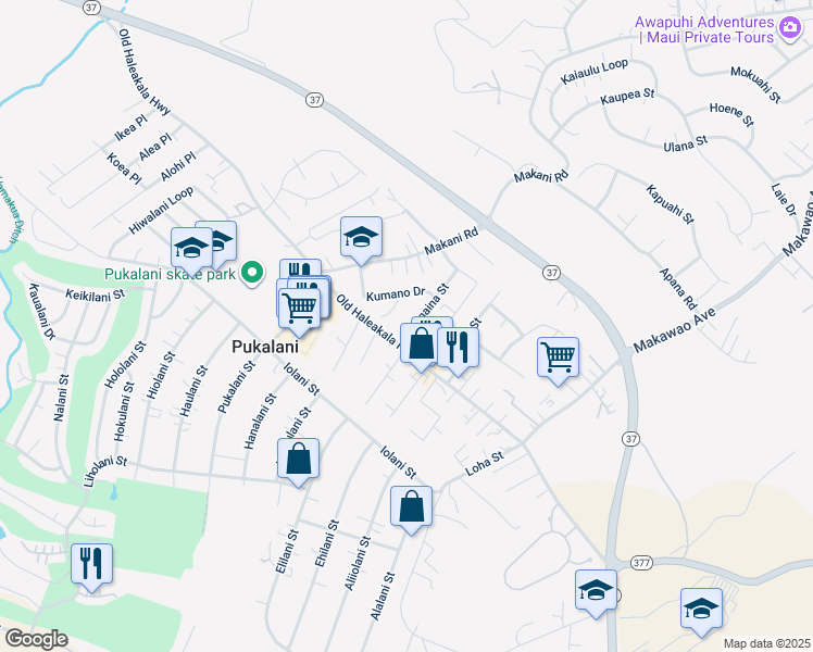 map of restaurants, bars, coffee shops, grocery stores, and more near 27 Nanaina Street in Makawao