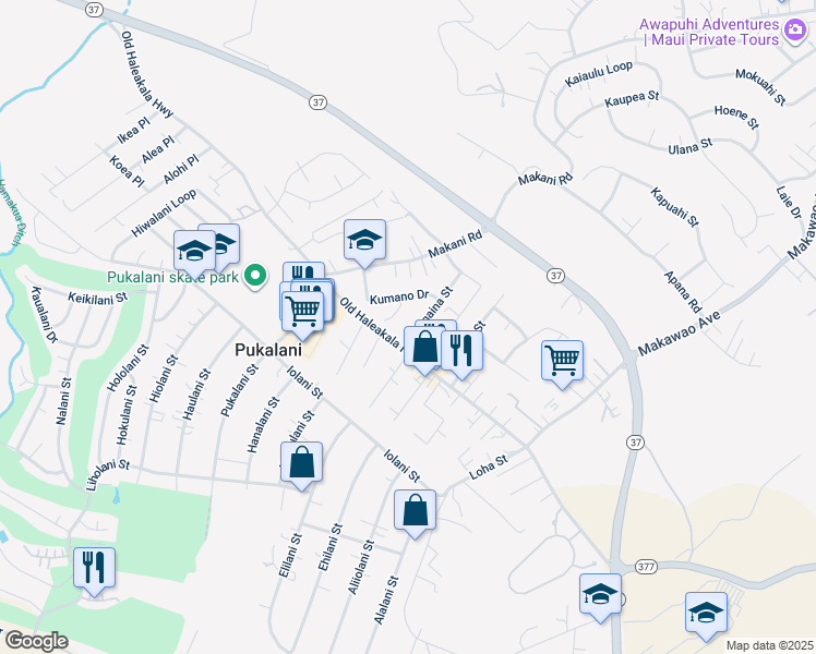 map of restaurants, bars, coffee shops, grocery stores, and more near 27 Nanaina Street in Makawao