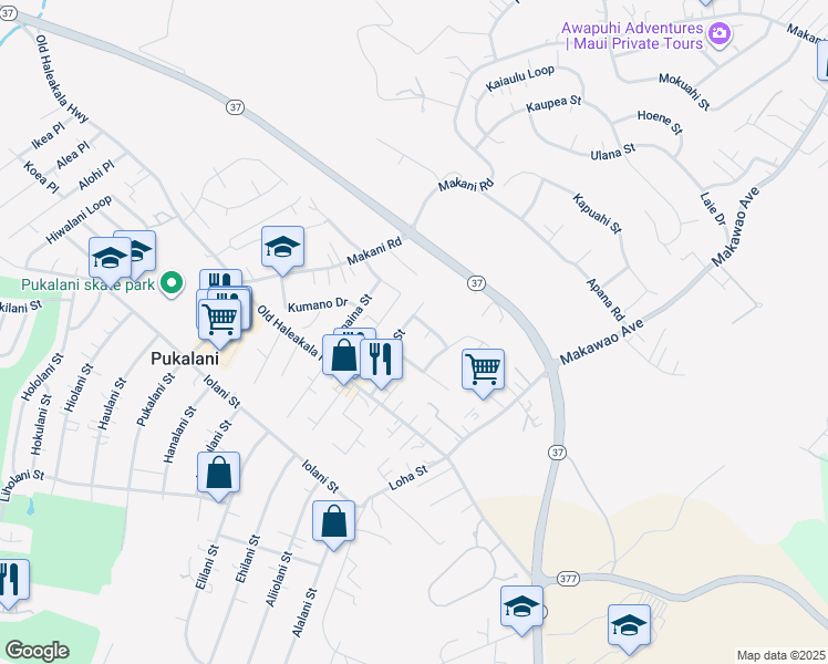 map of restaurants, bars, coffee shops, grocery stores, and more near 110 Haahaa Street in Makawao