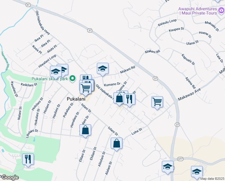 map of restaurants, bars, coffee shops, grocery stores, and more near 21 Aheahe Place in Makawao