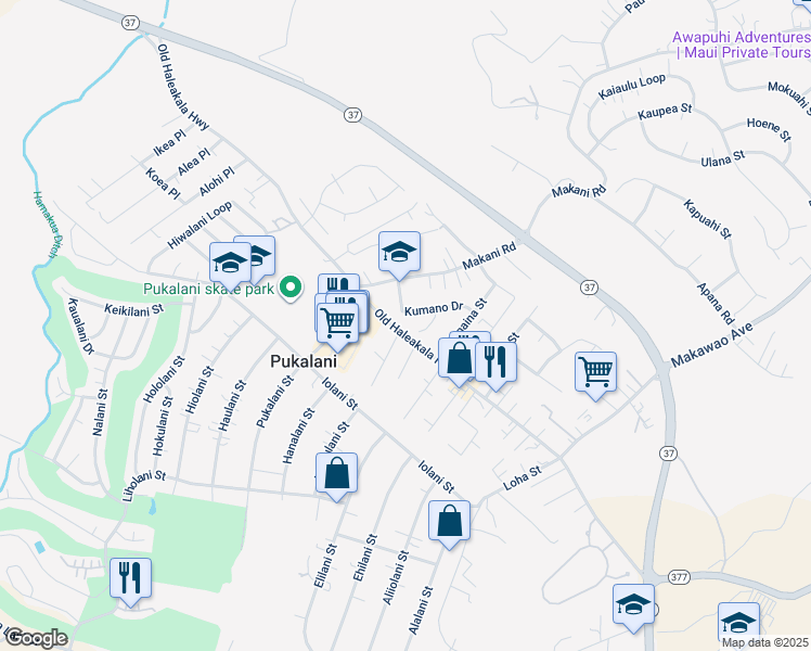 map of restaurants, bars, coffee shops, grocery stores, and more near 44 Kumano Drive in Makawao