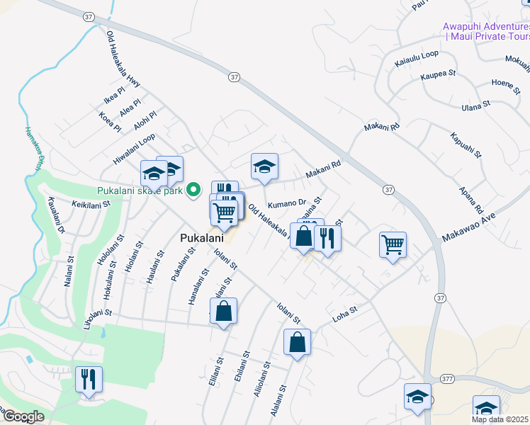 map of restaurants, bars, coffee shops, grocery stores, and more near 44 Kumano Drive in Makawao