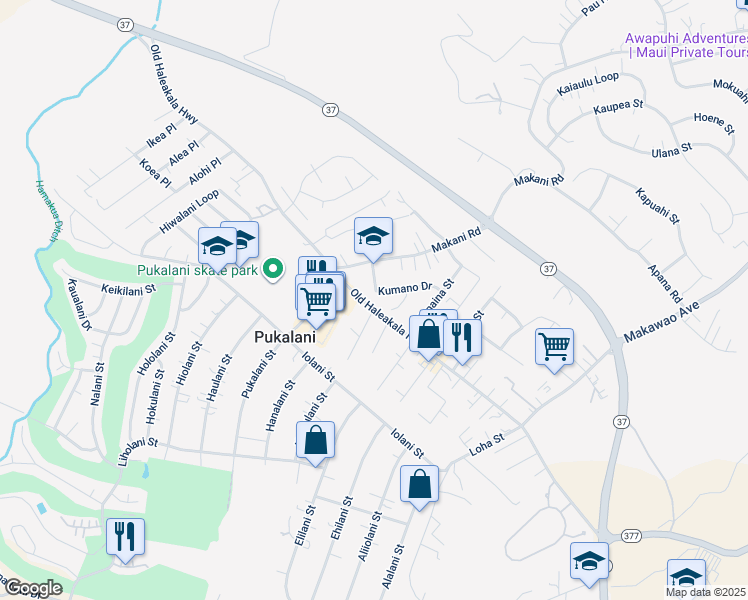 map of restaurants, bars, coffee shops, grocery stores, and more near 44 Kumano Drive in Makawao